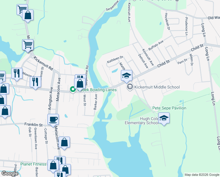 map of restaurants, bars, coffee shops, grocery stores, and more near 514n Child Street in Warren