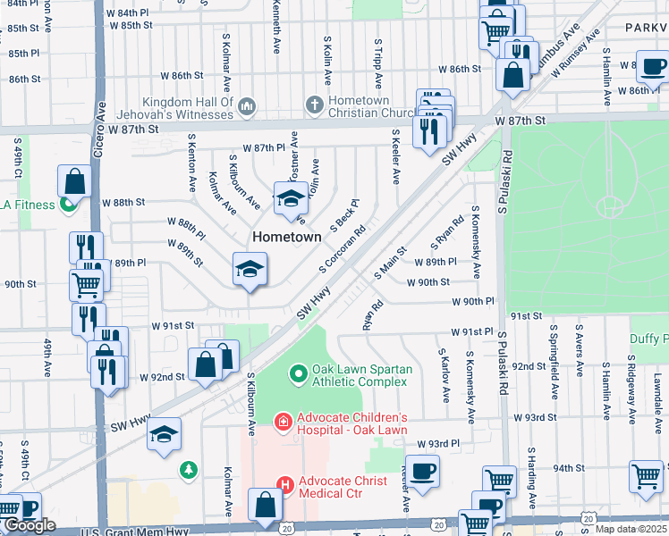 map of restaurants, bars, coffee shops, grocery stores, and more near 8881 South Corcoran Road in Hometown