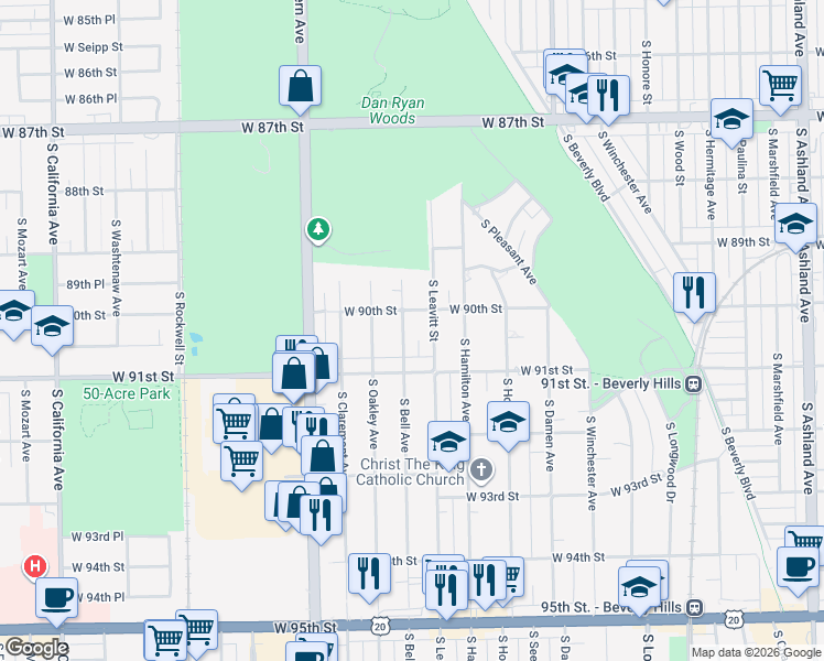 map of restaurants, bars, coffee shops, grocery stores, and more near 9019 South Bell Avenue in Chicago