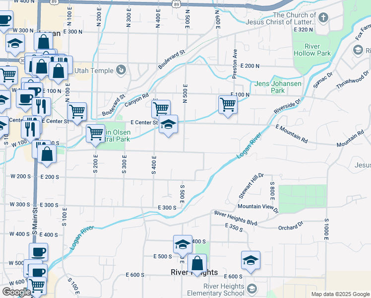 map of restaurants, bars, coffee shops, grocery stores, and more near 89 South 500 East in Logan