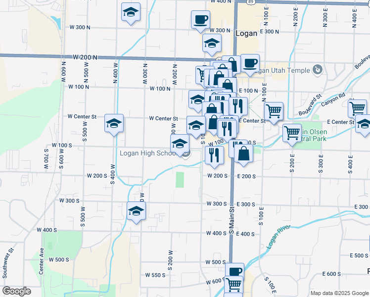map of restaurants, bars, coffee shops, grocery stores, and more near 162 West 100 South in Logan