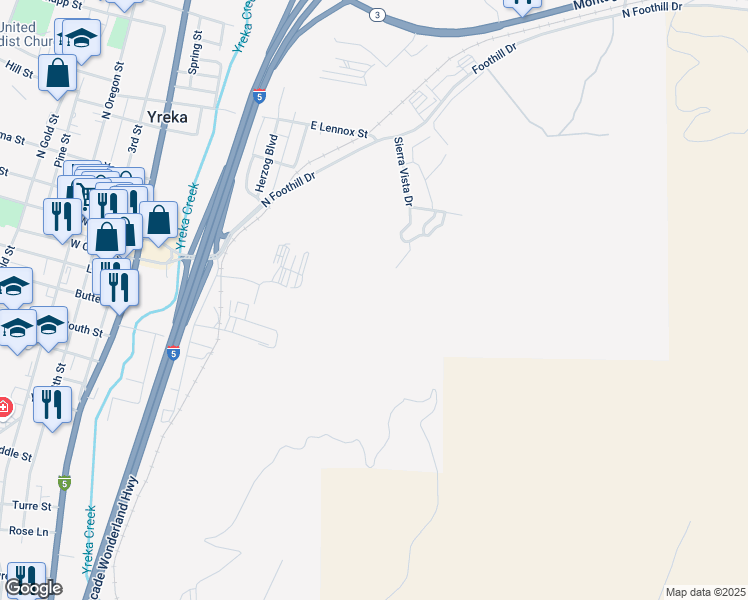 map of restaurants, bars, coffee shops, grocery stores, and more near in Yreka