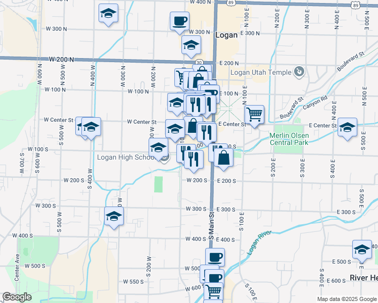 map of restaurants, bars, coffee shops, grocery stores, and more near 92 West 100 South in Logan