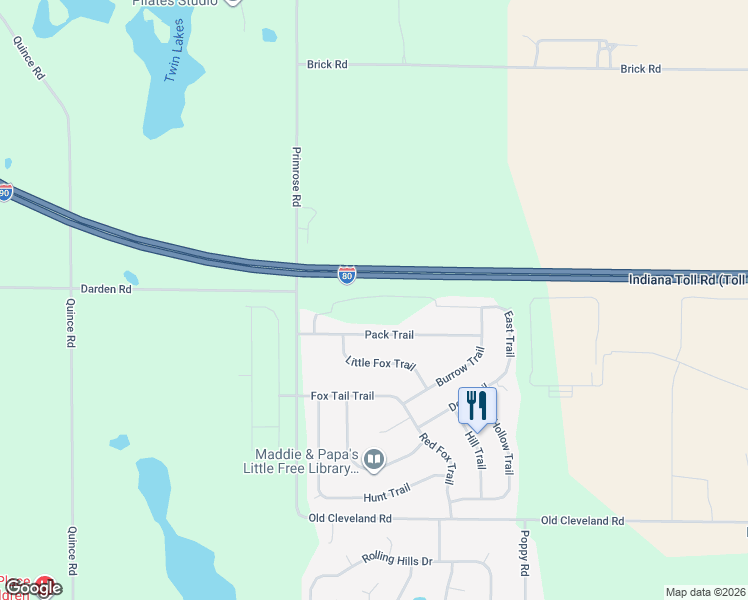 map of restaurants, bars, coffee shops, grocery stores, and more near 25795 Pack Trail in South Bend