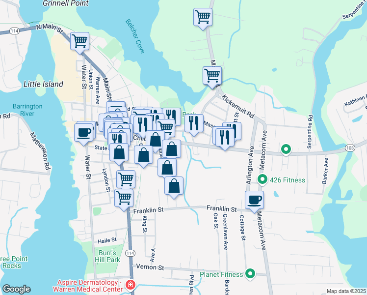 map of restaurants, bars, coffee shops, grocery stores, and more near 174 Rhode Island 103 in Warren