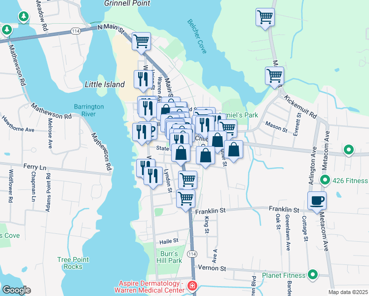 map of restaurants, bars, coffee shops, grocery stores, and more near 31 Child Street in Warren