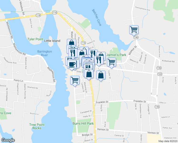 map of restaurants, bars, coffee shops, grocery stores, and more near 5 Church Street in Warren