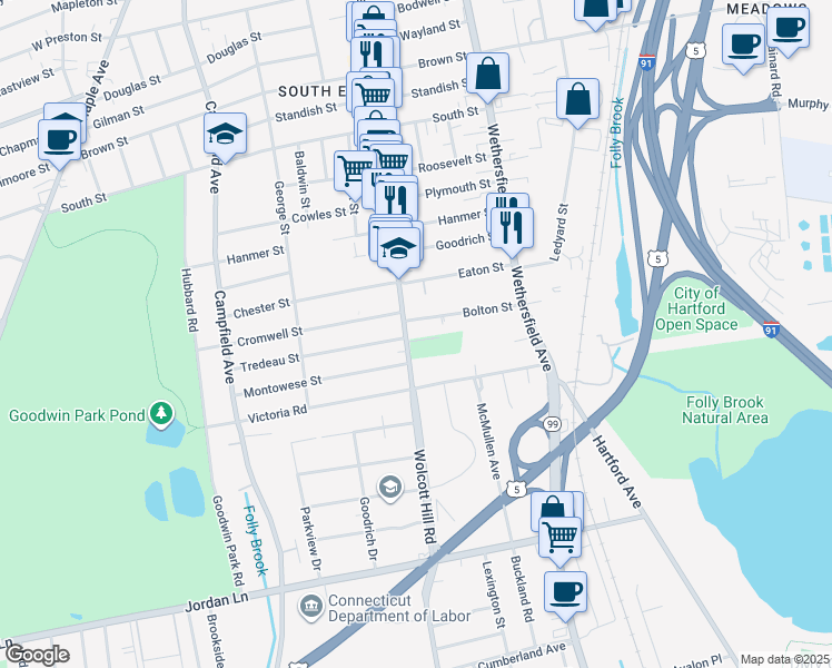 map of restaurants, bars, coffee shops, grocery stores, and more near 12 Bolton Street in Hartford