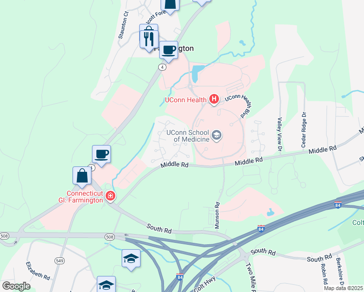 map of restaurants, bars, coffee shops, grocery stores, and more near 7 Barnes Hill Road in Farmington