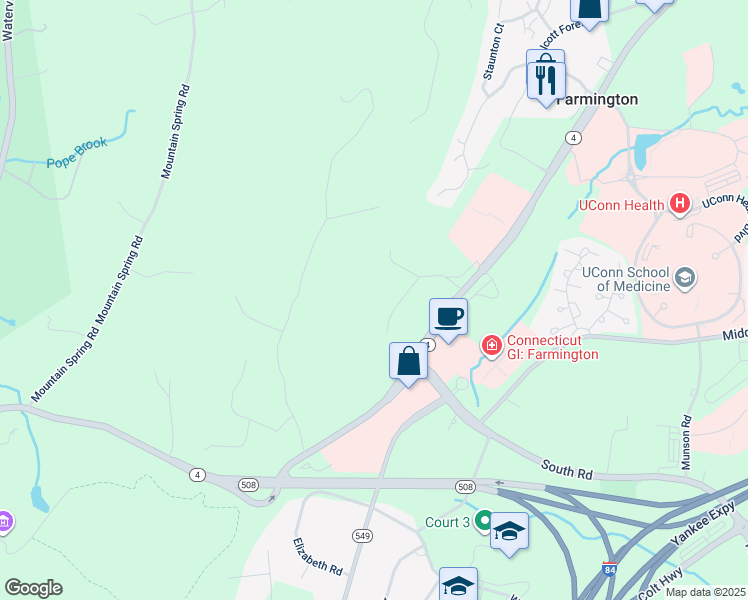 map of restaurants, bars, coffee shops, grocery stores, and more near 406 Farmington Avenue in Farmington