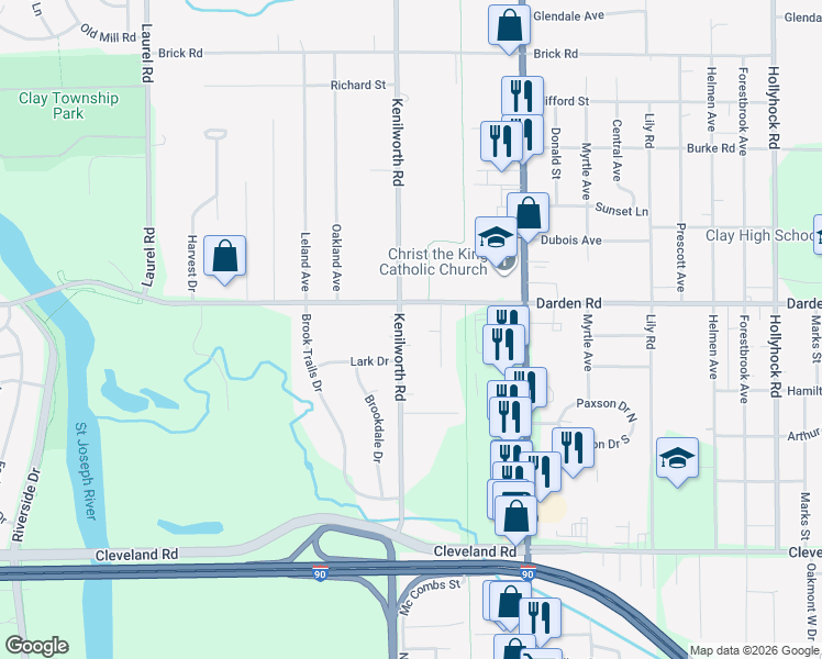 map of restaurants, bars, coffee shops, grocery stores, and more near 19944-19998 Darden Road in South Bend