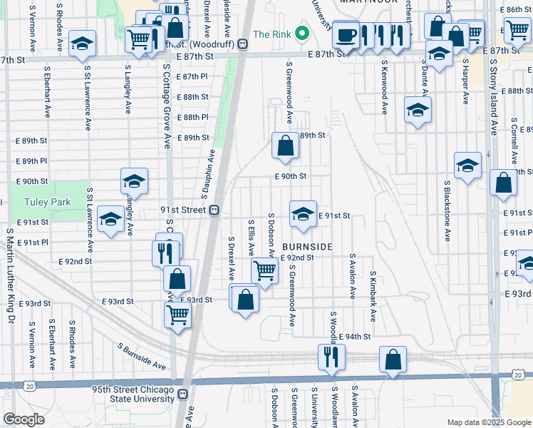 map of restaurants, bars, coffee shops, grocery stores, and more near 9043 South Dobson Avenue in Chicago
