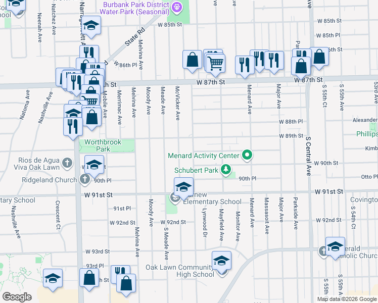 map of restaurants, bars, coffee shops, grocery stores, and more near 8906 Austin Avenue in Oak Lawn