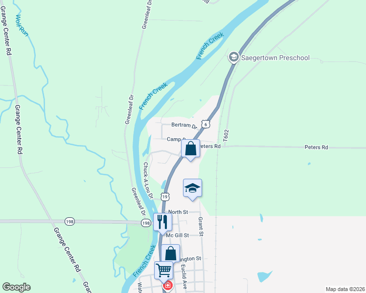 map of restaurants, bars, coffee shops, grocery stores, and more near 19694-19798 Camp Drive in Saegertown
