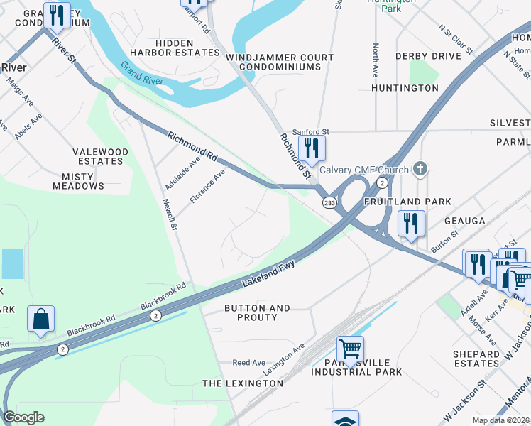 map of restaurants, bars, coffee shops, grocery stores, and more near 823 Balsam Court in Painesville