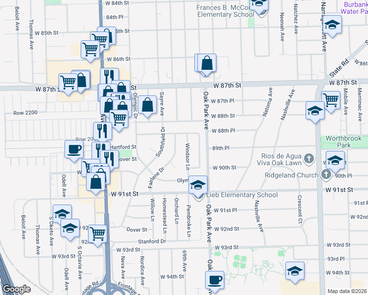 map of restaurants, bars, coffee shops, grocery stores, and more near 8906 Windsor Lane in Bridgeview