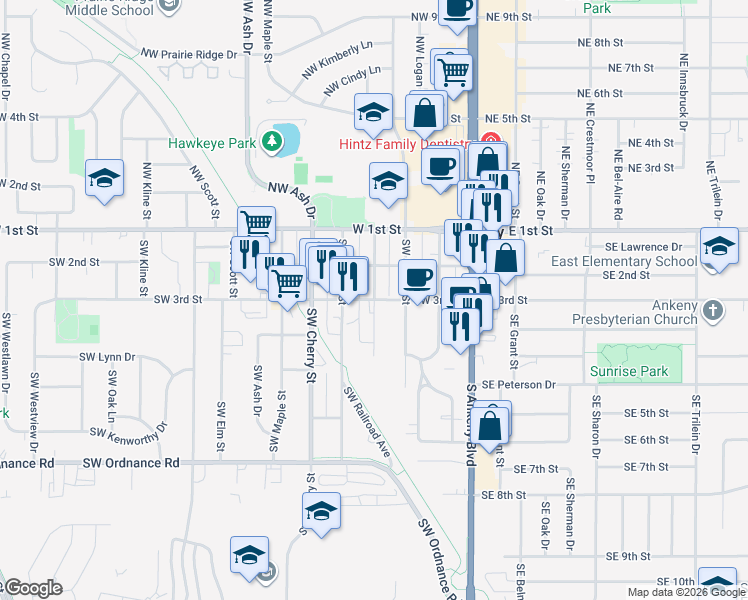 map of restaurants, bars, coffee shops, grocery stores, and more near Southwest Pleasant Street in Ankeny
