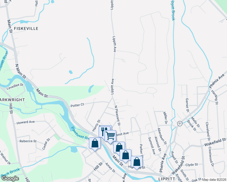 map of restaurants, bars, coffee shops, grocery stores, and more near 65 North Pleasant Street in West Warwick