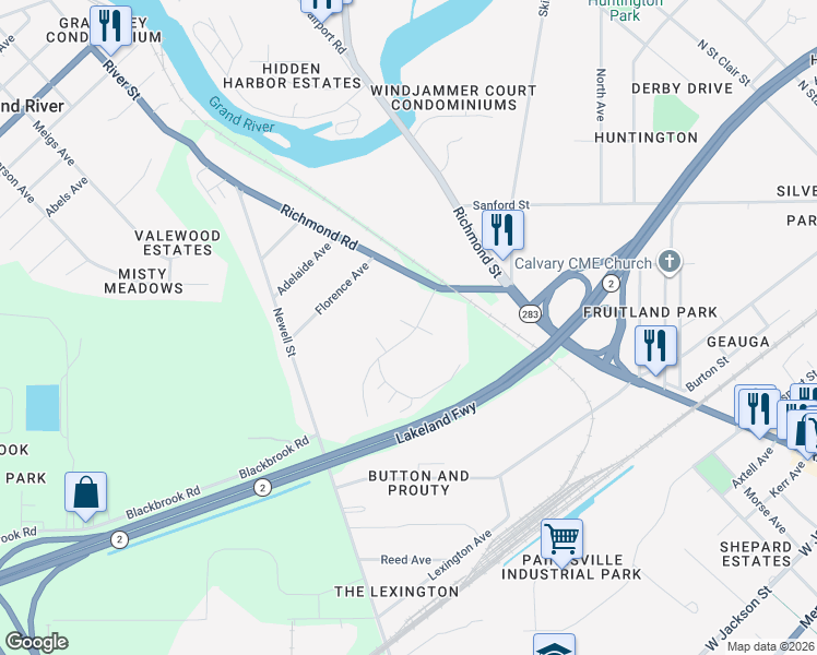 map of restaurants, bars, coffee shops, grocery stores, and more near 823 Balsam Court in Painesville