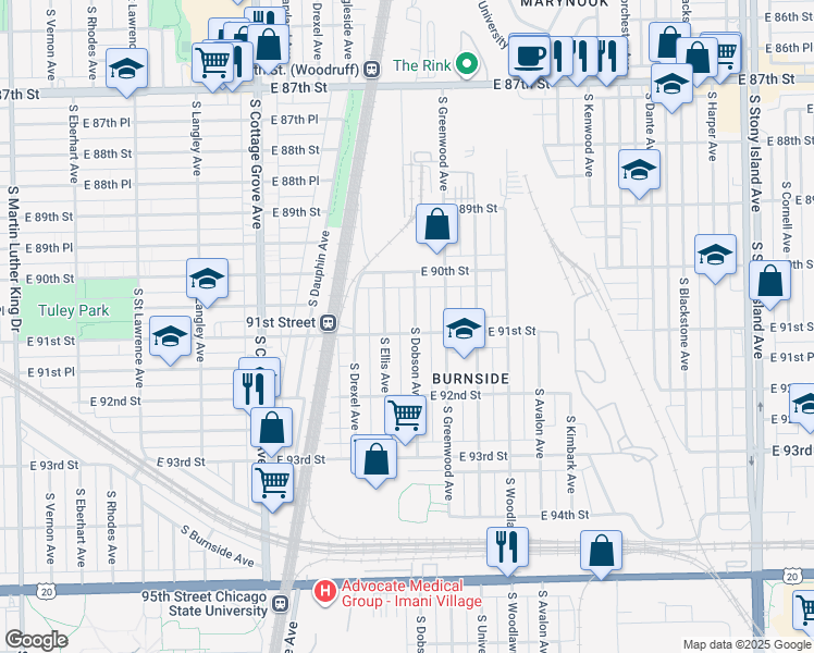 map of restaurants, bars, coffee shops, grocery stores, and more near 9043 South Dobson Avenue in Chicago