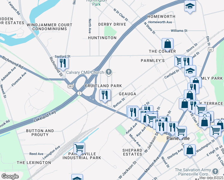 map of restaurants, bars, coffee shops, grocery stores, and more near 100 Barnes Avenue in Painesville
