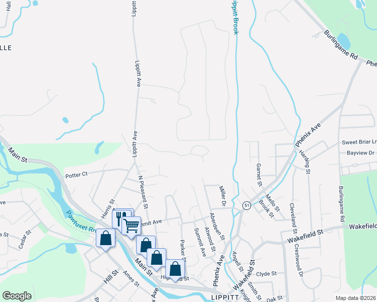 map of restaurants, bars, coffee shops, grocery stores, and more near 16 1/2 Bradford Court in West Warwick