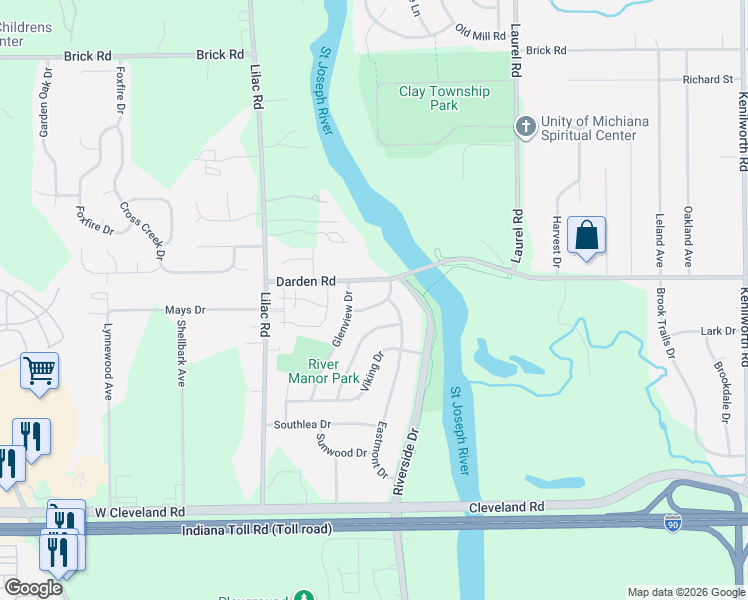 map of restaurants, bars, coffee shops, grocery stores, and more near 1327 Northlea Drive in South Bend
