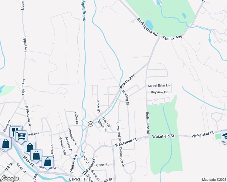 map of restaurants, bars, coffee shops, grocery stores, and more near 5 Schofield Street in West Warwick