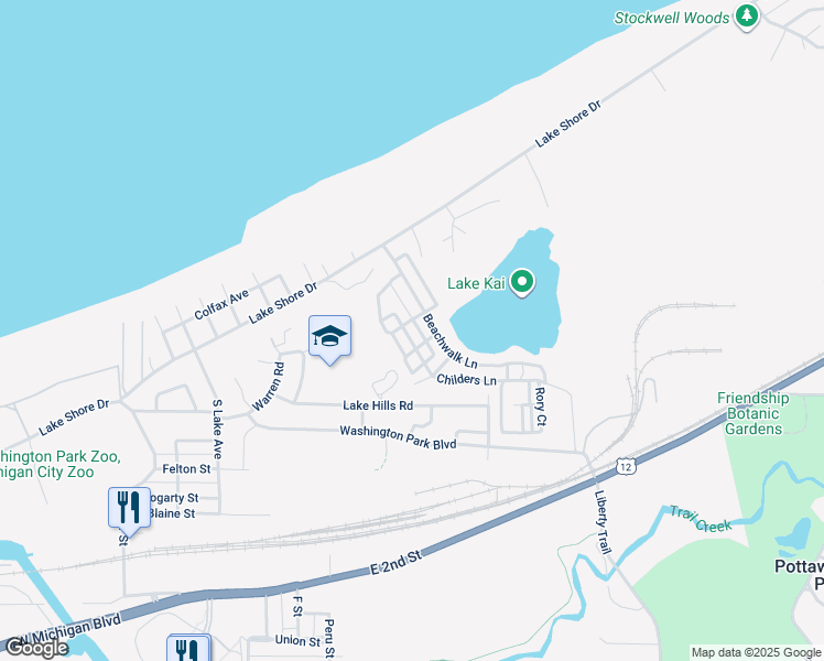map of restaurants, bars, coffee shops, grocery stores, and more near 101 Moss Parkway in Michigan City