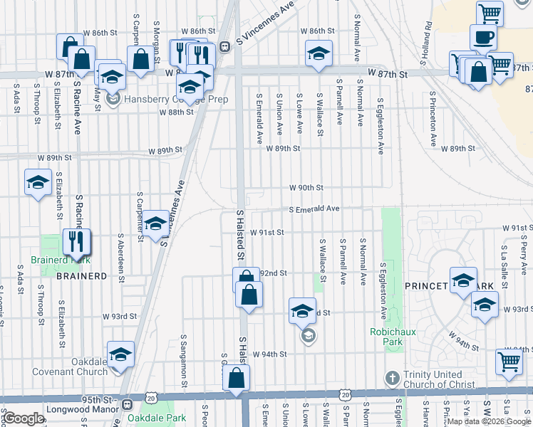 map of restaurants, bars, coffee shops, grocery stores, and more near 9035 South Emerald Avenue in Chicago