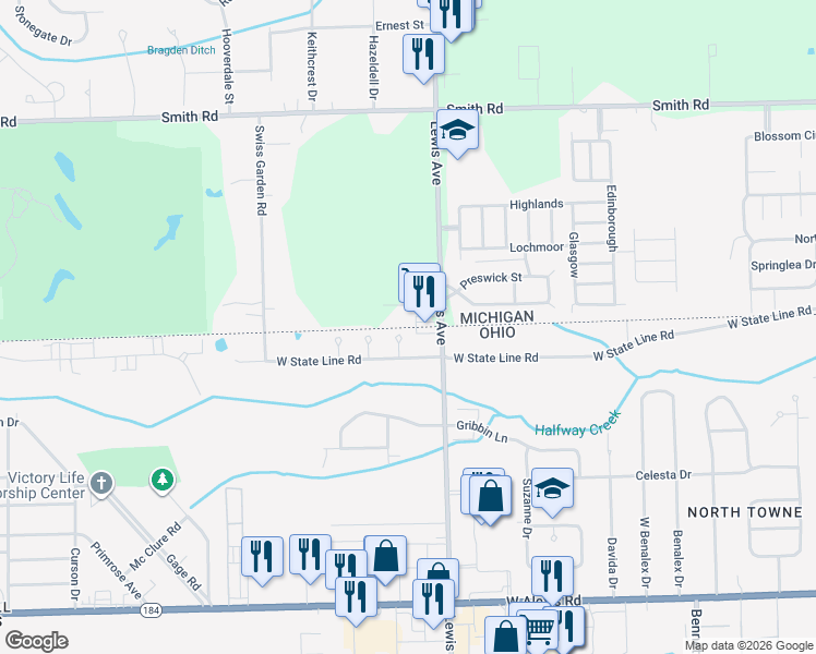 map of restaurants, bars, coffee shops, grocery stores, and more near 6182 Old Farm Ct in Temperance
