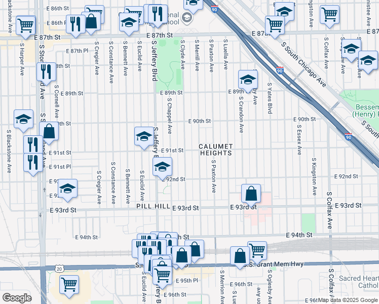 map of restaurants, bars, coffee shops, grocery stores, and more near 9055 South Clyde Avenue in Chicago
