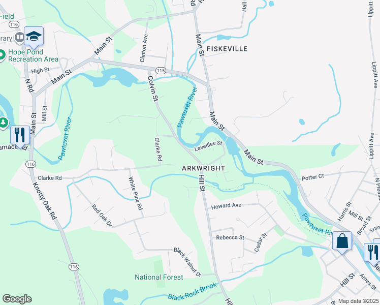 map of restaurants, bars, coffee shops, grocery stores, and more near 30 Leveillee Street in Coventry