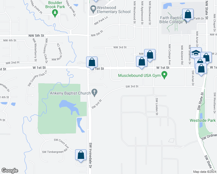 map of restaurants, bars, coffee shops, grocery stores, and more near 2605 Southwest 3rd Street in Ankeny