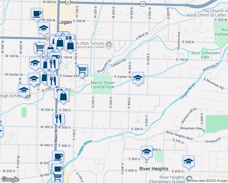 map of restaurants, bars, coffee shops, grocery stores, and more near 311 East 100 South in Logan