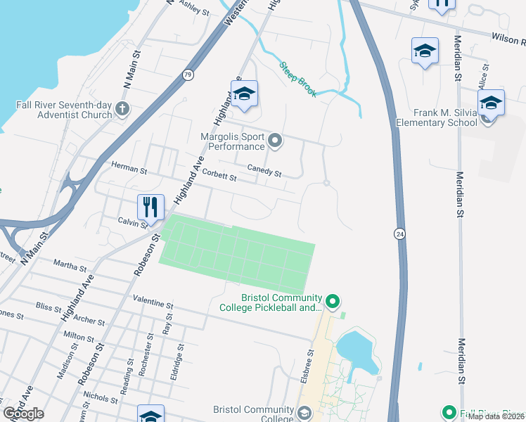 map of restaurants, bars, coffee shops, grocery stores, and more near 591 Herman Street in Fall River