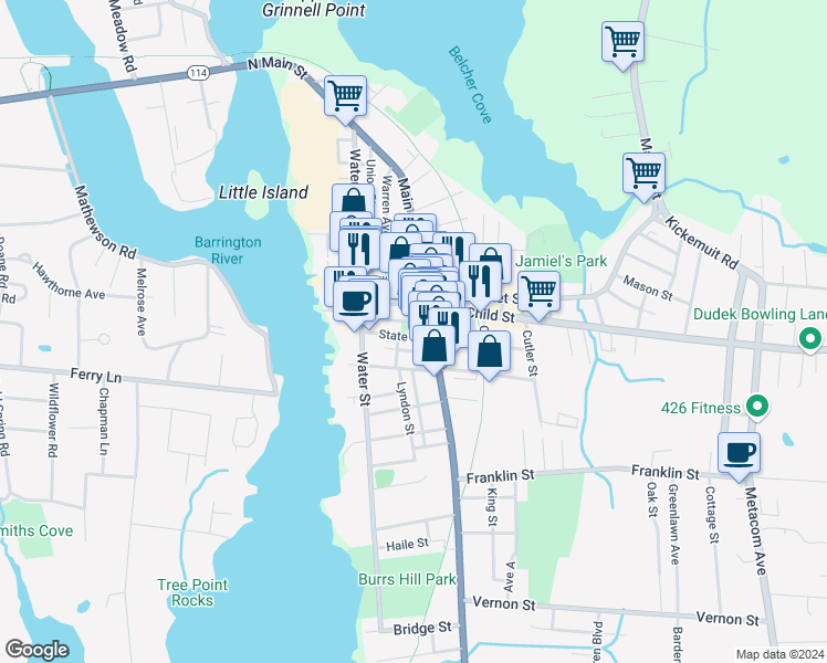 map of restaurants, bars, coffee shops, grocery stores, and more near in Warren