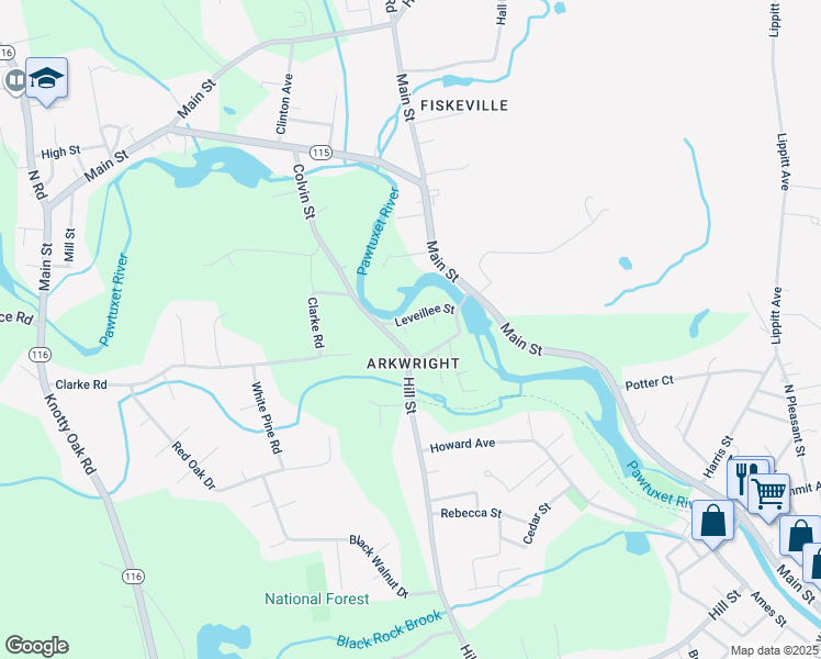 map of restaurants, bars, coffee shops, grocery stores, and more near 30 Leveillee Street in Coventry