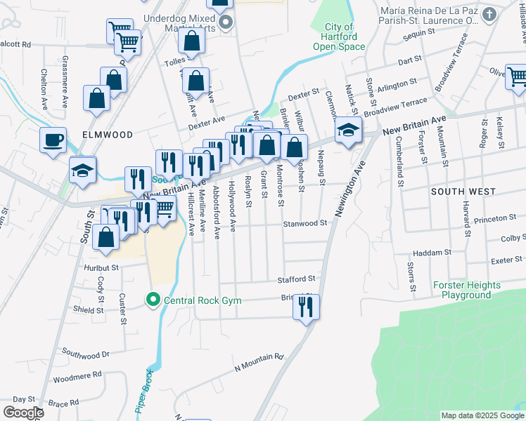 map of restaurants, bars, coffee shops, grocery stores, and more near 54 Grant Street in Hartford