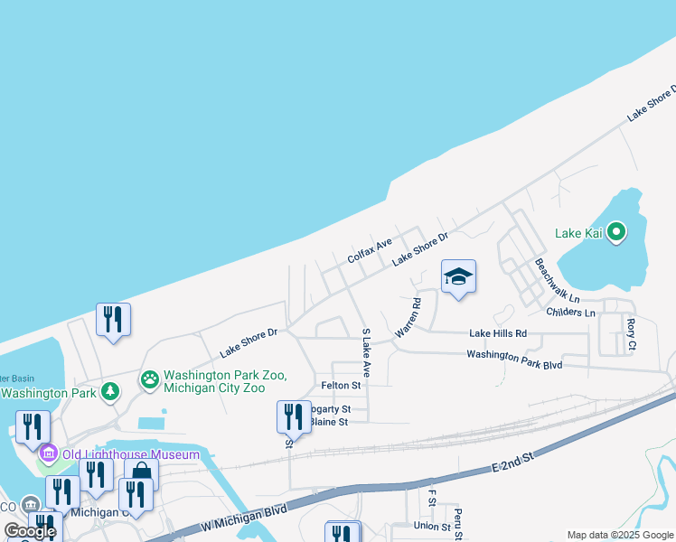 map of restaurants, bars, coffee shops, grocery stores, and more near 400-406 Colfax Avenue in Michigan City