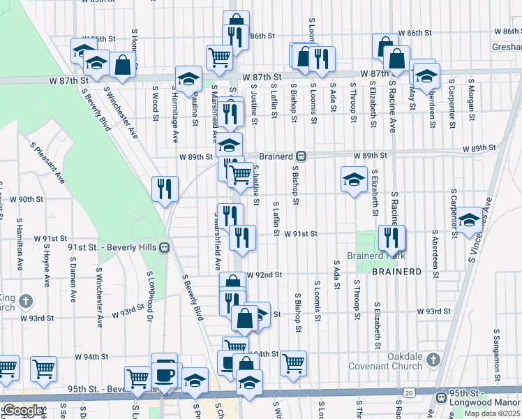map of restaurants, bars, coffee shops, grocery stores, and more near 9009 South Justine Street in Chicago