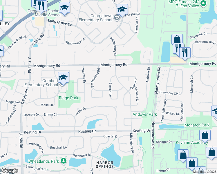 map of restaurants, bars, coffee shops, grocery stores, and more near 1447 Bangor Lane in Aurora