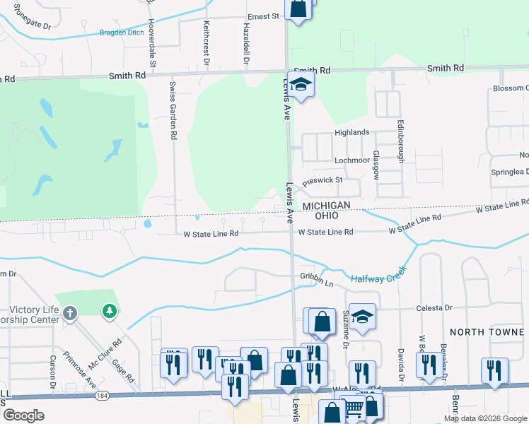 map of restaurants, bars, coffee shops, grocery stores, and more near 6182 Old Farm Ct in Temperance