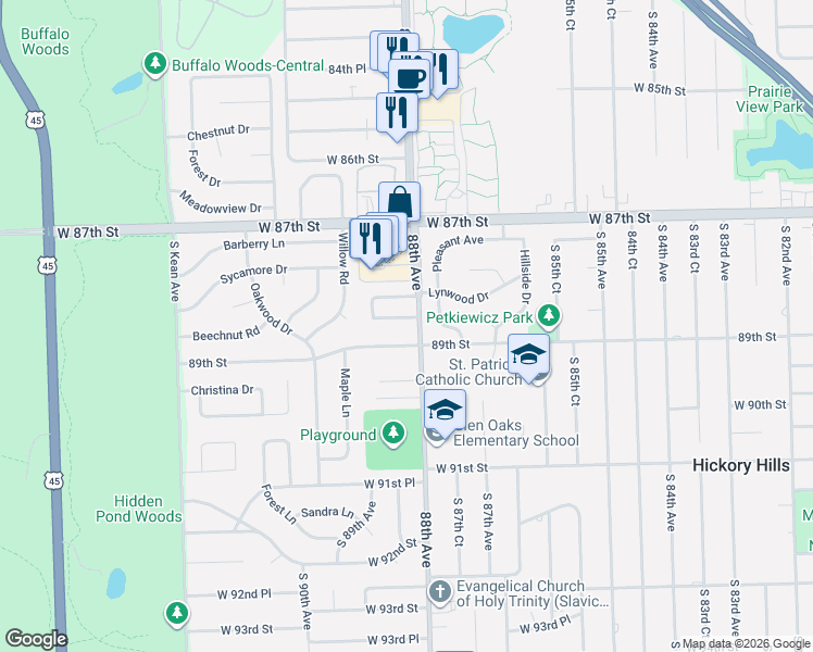 map of restaurants, bars, coffee shops, grocery stores, and more near 8807 Lotus Drive in Oak Lawn