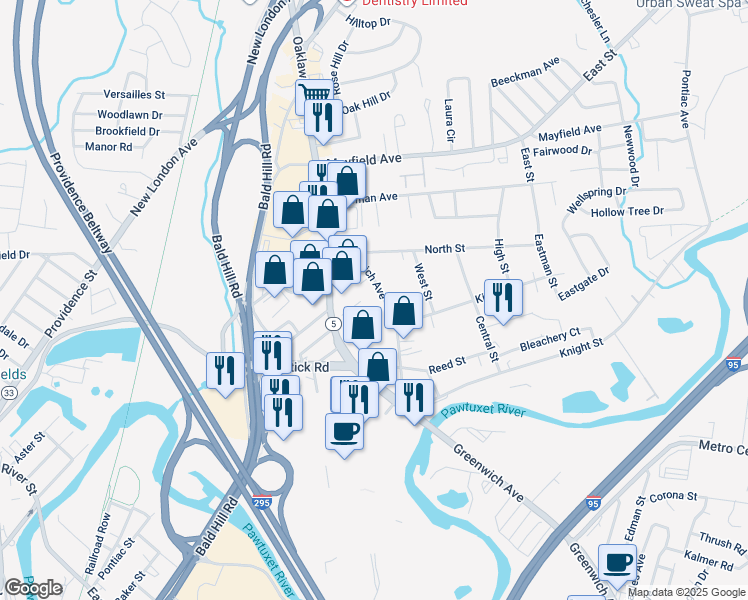 map of restaurants, bars, coffee shops, grocery stores, and more near 101 Greenwich Avenue in Warwick