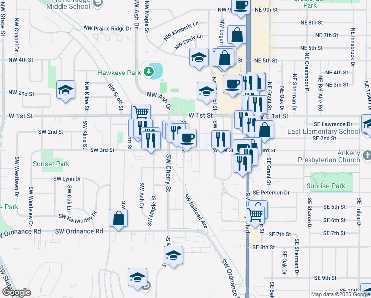 map of restaurants, bars, coffee shops, grocery stores, and more near in Ankeny