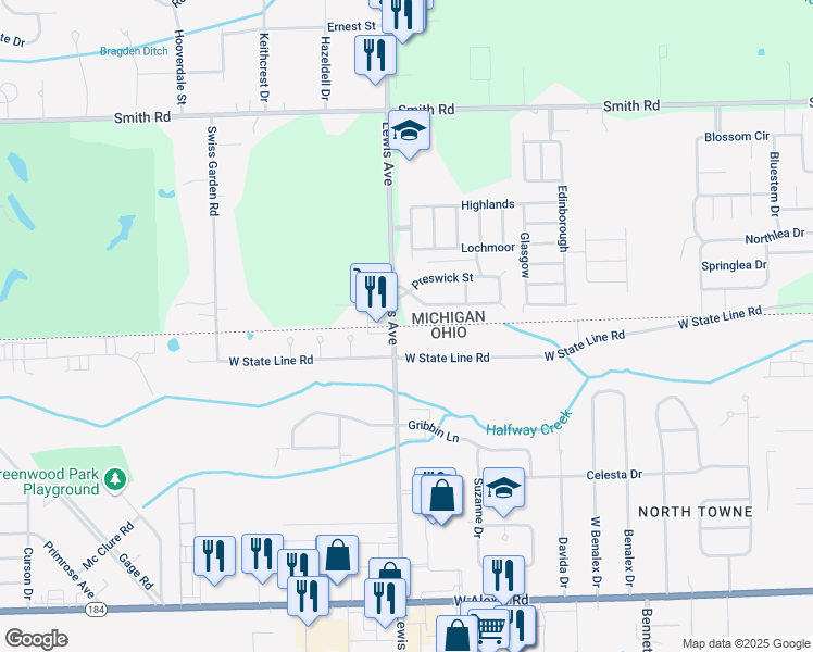 map of restaurants, bars, coffee shops, grocery stores, and more near 6222 Lewis Avenue in Toledo