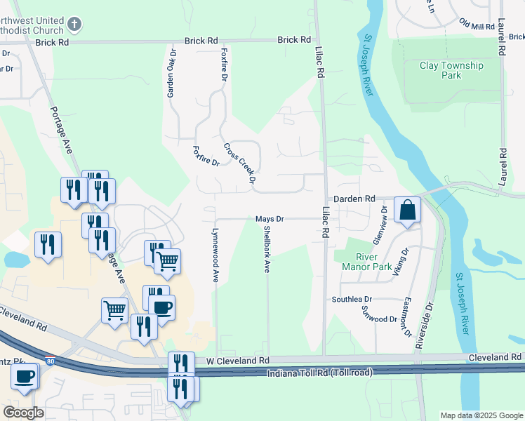 map of restaurants, bars, coffee shops, grocery stores, and more near 2005 Cross Creek Dr in South Bend