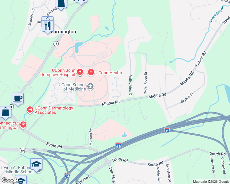 map of restaurants, bars, coffee shops, grocery stores, and more near 3 Thistledown Way in Farmington