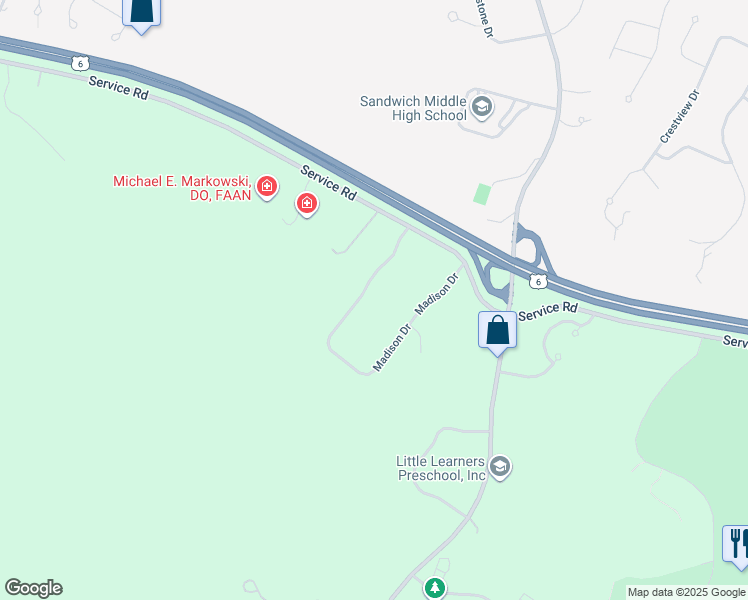 map of restaurants, bars, coffee shops, grocery stores, and more near 293 Service Road in Sandwich